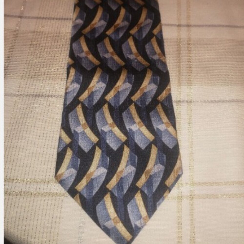 Villa Bugatti Men Tie Silk Necktie Navy Gold Blue Ornate Geometric Arch Curves